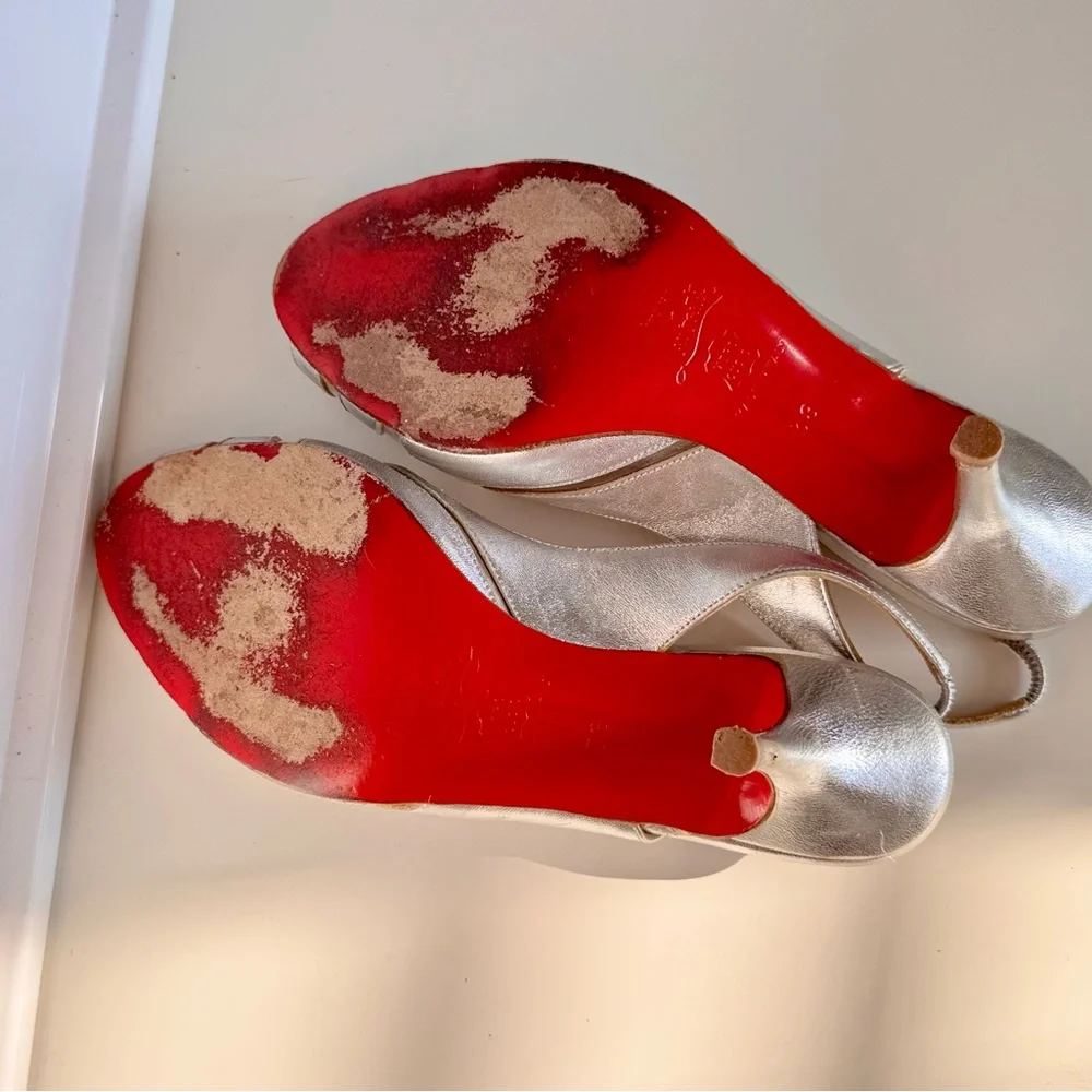 CHRISTIAN LOUBOUTIN 3” Silver Leather Slingback Sandals High Heels Women’s Shoes